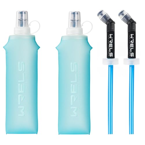 WRELS Soft Flasks Running Water Flask Folding Soft Water Bottles Small for Outdoor Sports Hiking Hydration Pack 5oz/8oz/17oz(SKY BLUE,17oz*2+Straw*2) - color: Green, style: 500ml/17oz with straw-2 Pack
