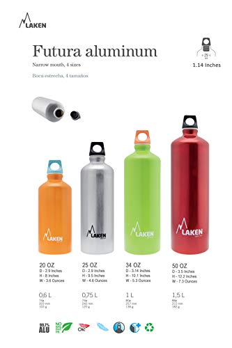 Laken Futura Aluminum Water Bottle - Narrow Mouth, Screw Cap with Loop - Leak-Proof, BPA Free, Made in Spain - 20oz, Blue - color: Blue, size: 20 Ounces