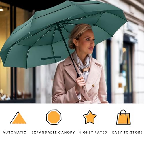 MRTLLOA Compact Golf Umbrella, 10 Ribs Vented Windproof Travel | 49/54/62 Inch Large Oversize, Double Canopy, Quick-Dry Fabric, Lightweight, Umbrellas for Rain - color: Green, size: 62 Inch