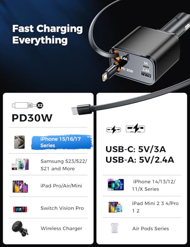 Smaller 4 in 1 Retractable Car Charger with Dual Type C Cords | 69W Fast Retractable USB C Car Charger, Car Accessories Car Chargers for iPhone 17 16 15 14 13 12 Galaxy Pixel, Black - color: Black, size: 2 Cords for Type C+Type C