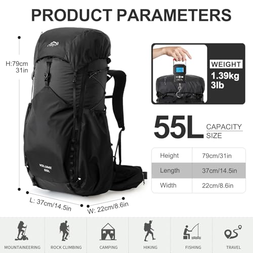 IX INOXTO 55L Internal Frame Waterproof Hiking Camping Backpack with 3L Water Bladder and Rain Cover, Large Lightweight Travel Daypack Rucksack for Climbing (Black) - color: Black
