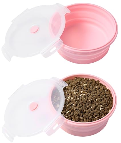Joyinjojo Collapsible Dog Bowls with Lids, 2 Pack Portable Travel Dog Bowls for Small Medium Large Dogs, Silicone Foldable Outdoor Dog Cat Food Water Bowls for Camping Hiking Road Trip, Pink 12 oz - color: Pink, size: Small