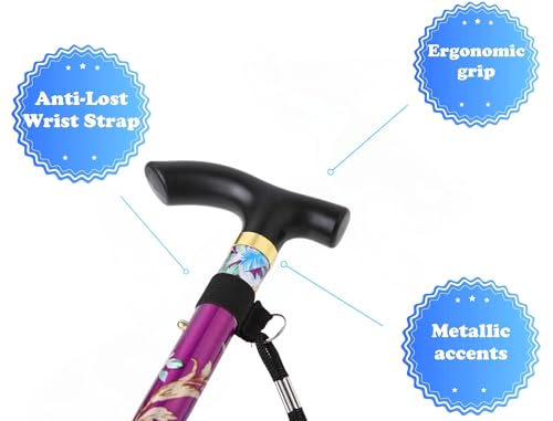 Folding Lightweight Walking Stick - Adjustable Aluminum Metal Collapsible Travel Cane with Non-Slip Rubber Base - color: Purple Floral