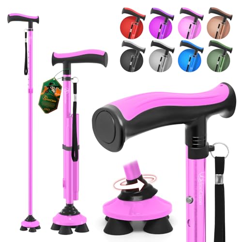 Walking Cane for Men & Women Walking Stick for Seniors Folding Canes Quad Cane Adjustable Lightweight Sturdy Collapsible Heavy Duty with Soft TPR T-Handle and Travel Bag - color: Pink