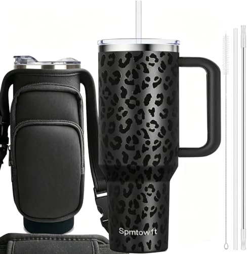 40oz Travel Tumbler with Handle and Straw, Water Bottle with Carrier Bag - color: Black Leopard Print