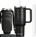 40oz Travel Tumbler with Handle and Straw, Water Bottle with Carrier Bag - color: Black Leopard Print