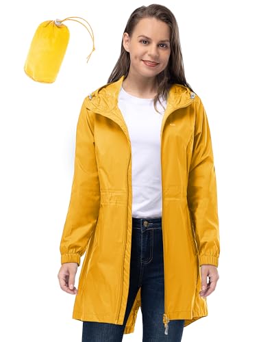 33,000ft Women's Waterproof Long Rain Coats Packable Rain Jacket with Hood Trench Coats Windbreaker - color: Amber Gold, size: X-Small
