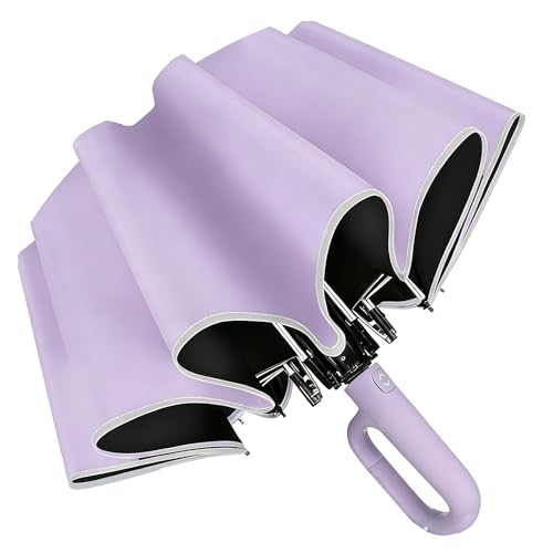 SIEPASA Travel Umbrella with Carabiner Handle - Windproof 10 Ribs Auto Open/Close for Rain & Sun Protection, Compact Portable Clip-on Backpack Design with Safety Reflective Strip. - color: UV-Light Purple
