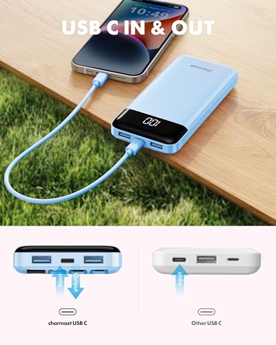 charmast Power Bank Portable Charger with Reinforced Built-in 4 Cables | 3A Fast Charging,10000mAh,6 Outputs 3 Inputs,Travel Essentials,TSA Compliant,LED Display,compatible with iPhone Samsung Moto - color: SkyBlue