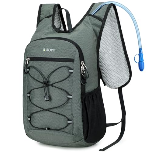 BOVIP Lightweight Hydration Back,15L Multipurpose Hiking Backpack with 1.5L Water Bladder ,Hydro Water Daypack for Cycling Hiking Rave for Men Women - size: Gray