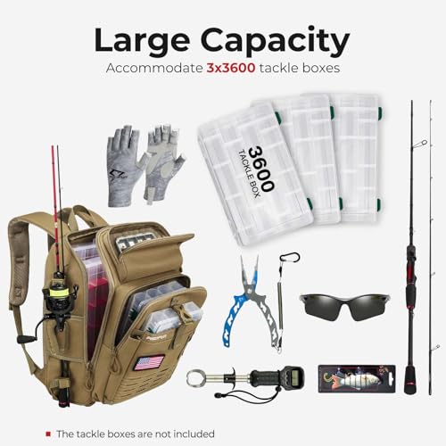 Piscifun Fishing Tackle Backpack, Rod & Gear Holder, Water-Resistant | 15L storage, breathable padding & adjustable shoulder straps, MOLLE panel, Khaki - color: Khaki, size: Standard