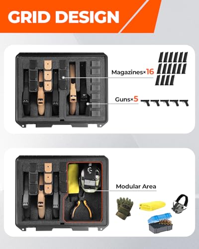 Pistol Case for Multiple Handguns, 3 Foam Types & Multiple Layout Available, Firearm Travel Carrying Case Fits Glock, Beretta, S&W, Waterproof Gun Box - color: Hold 5 Guns (3+2 Layout), size: Standard Foam