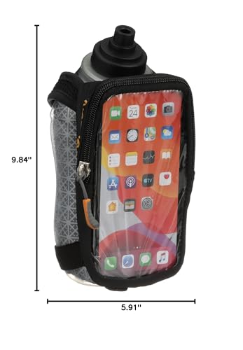 Nathan SpeedView Insulated Handheld Running Water Bottle Flask 18oz – Double-Wall Insulation, Ergonomic Grip, Blast Valve Cap, Phone & Key Storage Pockets, Reflective Design - color: 18oz Flask Clearview - Black