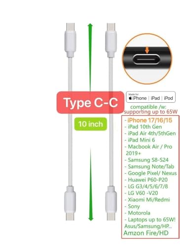 10-Pack Multi Short USB Cables & TypeC-C Cables for Charging Stations Compatible/w iPhone17,16,15, iPhone5-14/ iPads/iPad mini/iPad Pros/Samsung Moblies & Tablets/Pixel & Nexus/HTC/Sony(White) - color: White