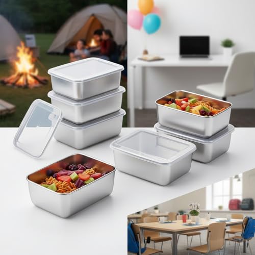 7pcs Stainless Steel Food Storage Containers with Flip-Top Lids, Leakproof & Stackable for Outdoor Camping, Family Gatherings, Office & School