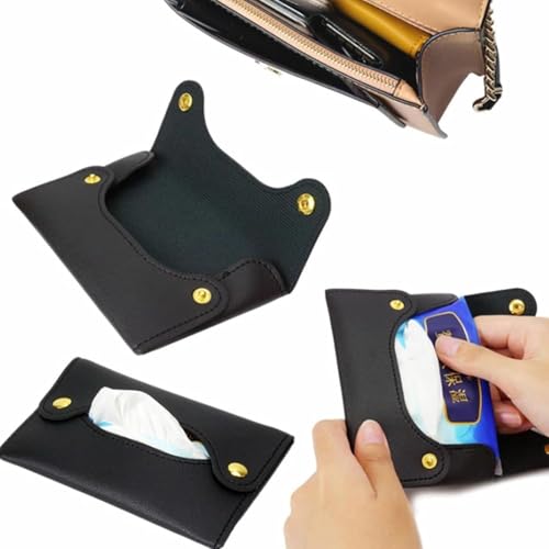 1Pc Pocket Tissue Holder - Tissue Holder | Travel Pouch for Tissue | Pocket Paper Towel | Tissue Bag Holder | Paper Towel Pu Leather Case | Paper Box Bag | Tissue Storage Bag (Black)