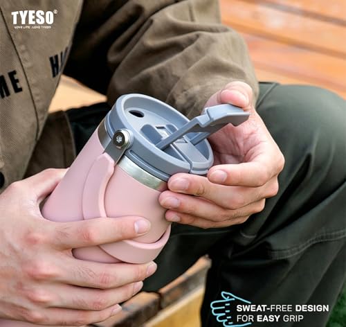 TYESO Tumbler with Handle,Tumbler with Straw, Vacuum Insulated Water Bottle,Double Wall Stainless Steel Coffee Cup Travel Mug Leak Proof Flip (Pink, 30 oz)
