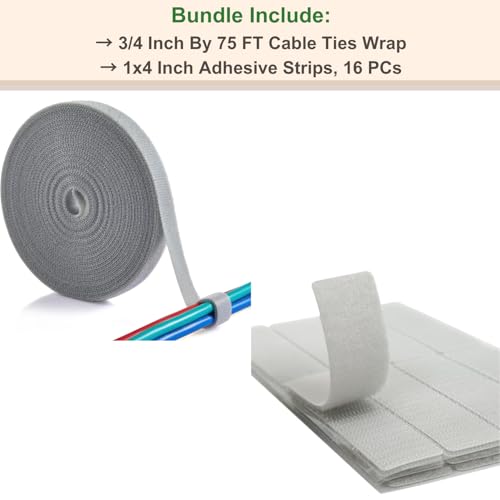 ECOHomes Bundle - 3/4 Inch by 75 FT Cable Ties Wrap + 16 PCs 1x4 Inch Hook Loop Adhesive Strips