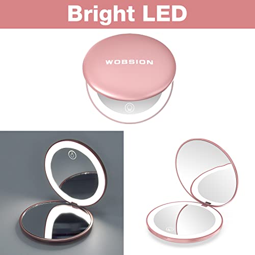 WOBSION Travel Mirror with Light, Rechargeable 1x/10x Compact Mirror - color: One-sided Light-rose Gold