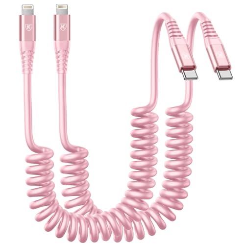 USB C to Lightning Cable 3FT for Car, Coiled iPhone Charger Fast Charging | Short USBC Lightning Cable iPhone Cord for iPhone14/13/12/11 Pro Max/Plus/iPad/CarPlay - 2Pack Pink - color: Pink, size: 3FT, style: Usb C to Lightning