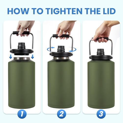 1 Gallon Water Bottle Insulated Stainless Steel Keeps Ice 48Hr, Large Water Gallon Jug Wide Mouth Leakproof Vacuum for Gym, Camping, & Construction Army Green - color: Army Green