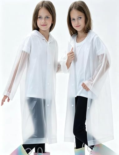 2 Pack Raincoats for Kids, Reusable Rain Ponchos with Hood and Sleeves Rain Coats for Boys and Girls - color: A-white