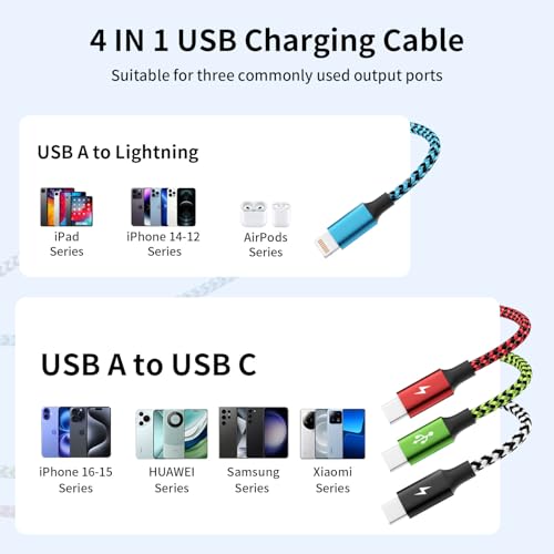 4 in 1 Three Type C Multi Charging Cable, Charging Cord for Multiple Device | USB Charging Cable with 3 USB C/IP Charger, Phone Charger for iPhone 17-8/ Android/iPad and More,2 Pack 5FT - color: Blue&Black