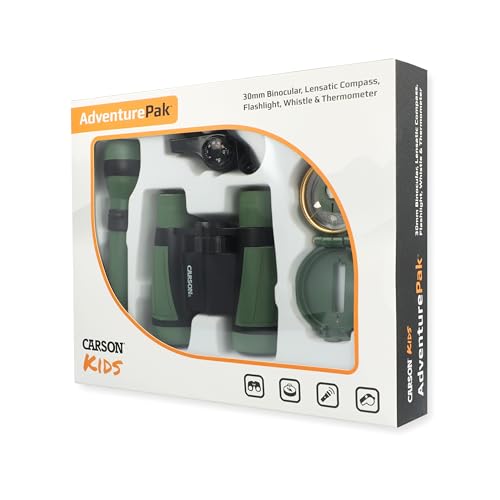 Carson AdventurePak Containing 30mm Kids Field Binoculars, Lensatic Compass, Flashlight and Signal Whistle with a Built-in Thermometer (HU-401), Multicolor - style: Binocular Kit