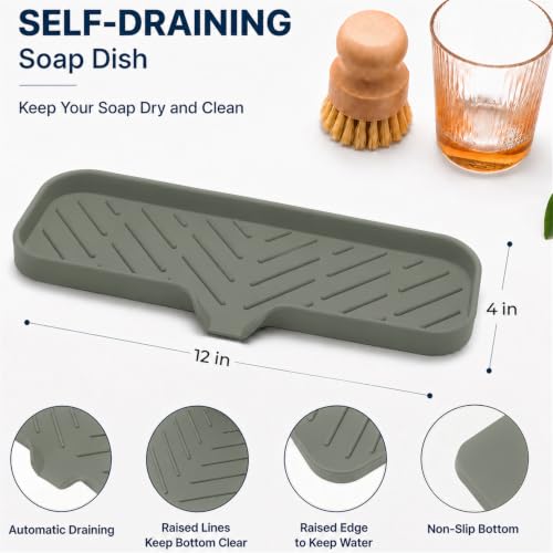 MicoYang Silicone Soap Dish with Drain Spout — Self-Draining Double Sink Organizer Tray for Kitchen & Bathroom, Dispensers, Sponges & Soap Holder, Non-Slip & Dishwasher Safe, Grey (Large, 12"×4") - color: Grey, size: L(12"×4")