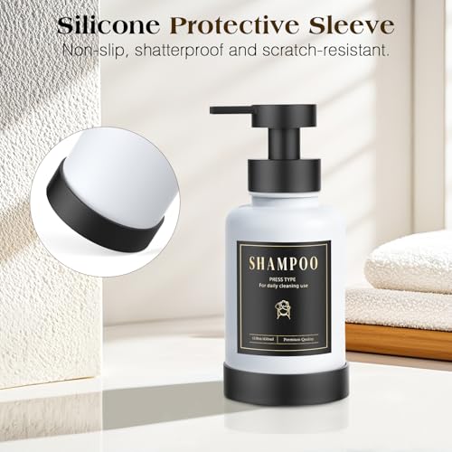 Luxspire Foaming Soap Dispenser 15oz Hand Soap Bottle, Black+White, 2 Pack | Anti-drip pump, wide mouth easy refill, non-slip silicone base, 7 waterproof labels, bathroom and kitchen sink use - color: Black + White