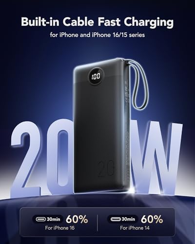 VRURC Portable Charger 20000mAh, Built-in Cables Fast Charging Power Bank, PD QC 3.0 Travel Essentials Battery Pack, 4 Output & 2 Input Phone Charger for iPhone, Samsung, Android - color: Black