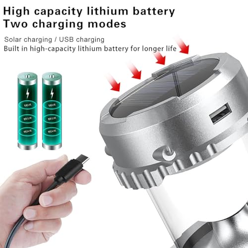 Camping Lantern with Fan, Flashlight Lantern Collapsible-USB Rechargeable, Solar & Battery Powered Camping Lampp for Picnic, Barbecue, Fishing, Travel Rechargeable Emergency Light (2Pack Sliver) - color: 2Pack Sliver