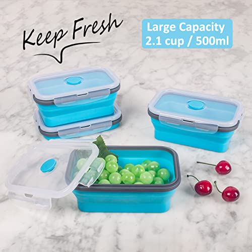 Collapsible Food Storage Containers with Airtight Lid & Air Vent, 16.9 oz, Kitchen Stacking Silicone Collapsible Meal Prep Container Set for Leftover, Microwave Freezer Dishwasher Safe, Blue, Set of 4 - color: Blue | 16.9 oz | 4pc