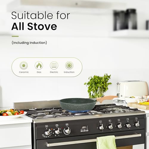 Kitchen Academy Removable Handle Pots and Pans Set - 10 Pieces Green Cookware Set with Removable Handle, RV Induction Cookware Set for Camp | 10-Piece Granite Nonstick Cookware with Removable Handle, RV Induction Cooking Pans for Camp - color: Green