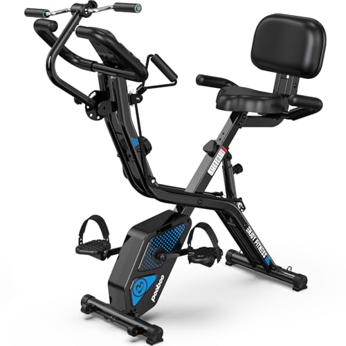 pooboo Folding Magnetic X‑Bike, Upright Exercise Bike for Home Gym | Foldable Indoor Stationary Cycling Bike, 8‑Level Resistance, 6.6 LBS Flywheel, 300 LB Capacity, Back Support Cushion - color: Black