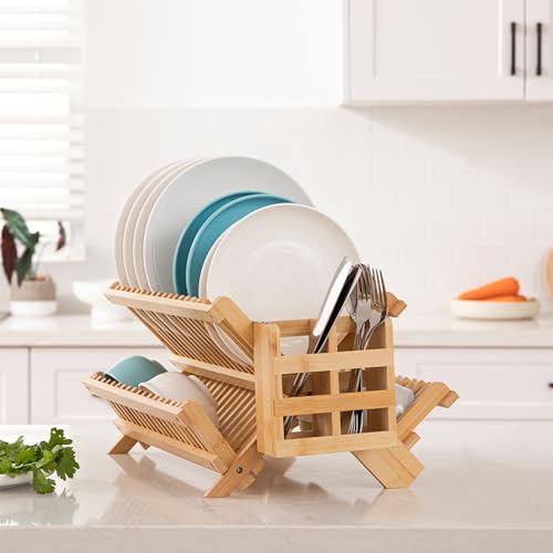 HBlife Bamboo Dish Drying Rack with Utensils Flatware Holder Set, 3-Tier Large Folding Drying Holder for Kitchen Counter, Collapsible Drainer - color: Bamboo-3 Tiers