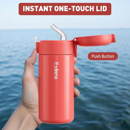 Exllena 10oz Small Insulated Water Bottle with One-Touch Soft Straw Lid, Double-Wall Vacuum Small Travel Water Bottle for Cold&Hot Drinks–Leak-Proof, Mini Flask for Handbag, Yoga, Sport(Coral Red) - color: Coral Red