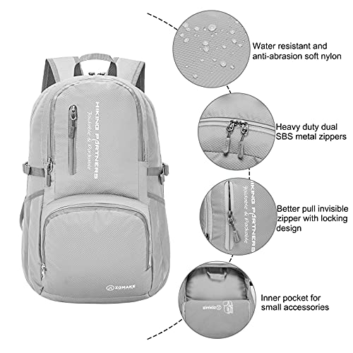 ZOMAKE Lightweight Packable Backpack, 35L Foldable Daypack (Silver Grey) | Light Hiking Backpacks Water Resistant Collapsible Day Pack for Travel, Everyday Carry, Multi-Pocket Layout, Heavy Duty Nylon - color: Sliver Grey, size: 35L