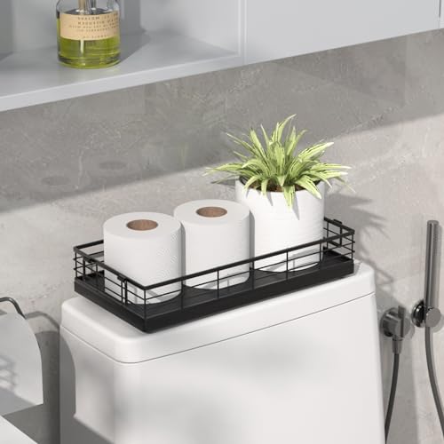 Toilet Paper Basket, 13 Inch Bathroom Toilet Tank Basket with Handles Black | Bathroom Basket, Back of Toilet Basket, Toilet Tank Tray, Toilet Organizer for Toilet Paper Storage, Toiletries & Essentials - color: Black
