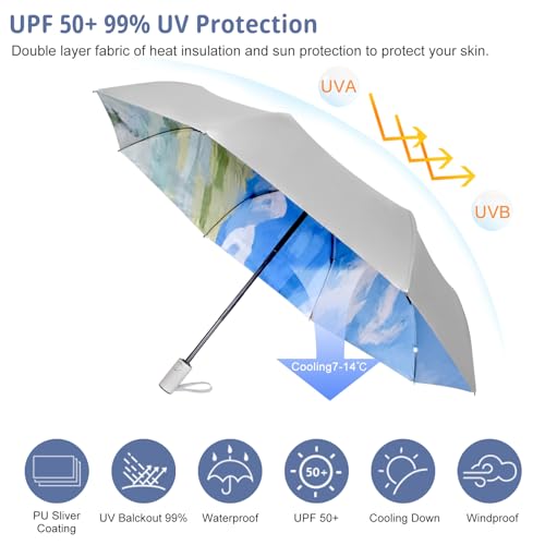 Cuby UV Sun Umbrella Compact Folding Travel Umbrella Auto Open and Close for Windproof, Rainproof & 99.9% UV Protection Parasol with Silver Anti-UV Coating - color: Blue sky