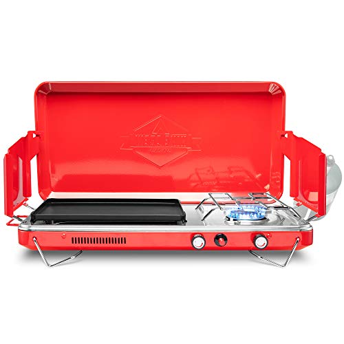 Hike Crew 2-in-1 Gas Camping Stove and Griddle, Portable Propane Burner w/Integrated Igniter & Stainless Drip Tray | Built-in Carrying Handle, Foldable Legs & Wind Panels | Includes Regulator