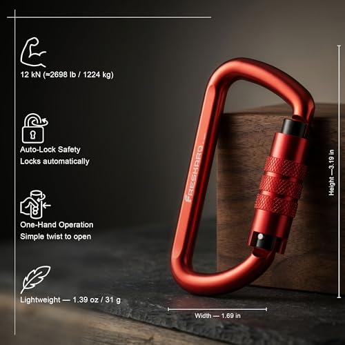 FresKaro 3inch 12kN-2698lbs Auto Locking Carabiner Clips, Solid D Shape, Heavy Duty 7075 Aluminum, Lightweight 1.09oz, Rust Proof, for Hammock, Hiking, Dog Leash, Keychain etc., Multi-Colors - color: Red-3pcs