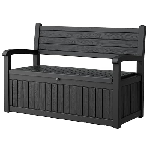 80 Gallon Outdoor Storage Bench, Deck Boxes 0utdoor Waterproof, Porch Bench Doubles as 2-Person Seat, Resin Stripes Deck Box for Cushions - color: Black