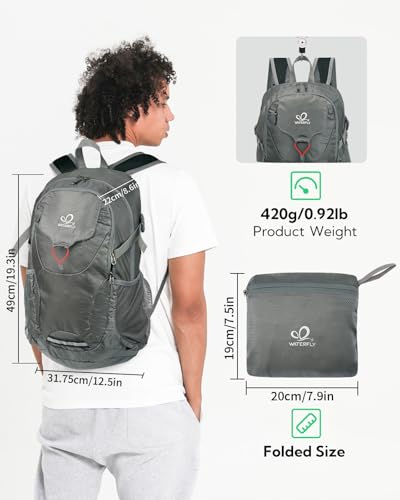 WATERFLY Lightweight Packable Hiking Backpack, 30L Day Pack Grey | Foldable, Water Resistant Travel Daypack with Multiple Pockets, Wet Pocket, Ultralight Day Pack for Woman Man, Everyday Carry - color: Grey