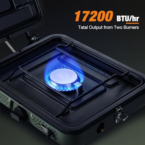 2 Burner Propane Camping Stove,Portable Folding Gas Stove for Camping with 17200 BTU,Two Adjustable Burners with Easy Carrying Handle&Inlet Gas Pipe,Outdoor Camp Stove for Camping Backpacking - color: Green Camping Stove