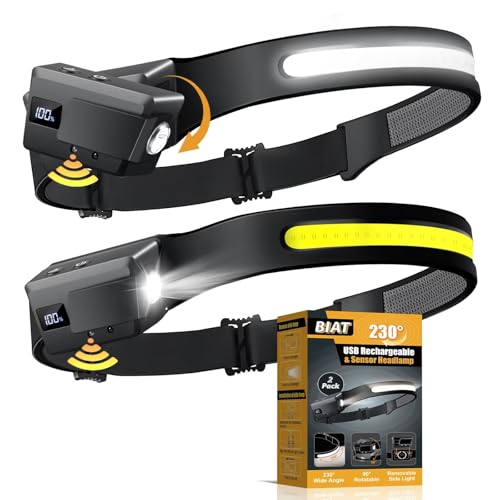 LED Headlamp Rechargeable 2PCS, 230° Wide Beam Headlight with Motion Sensor, 90° Rotation and Removable Head Lights for Forehead, 5Mode Head Lamp for Adults, Camping Essentials Gear for Hiking - size: 2 Pack