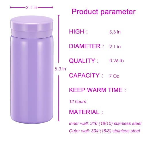 Mini Thermos Cute Water Bottle - 7 oz Tiny Insulated Vacuum 18/10 Stainless Steel Small Flask - Leak Proof & Spill Proof & Keeps Cold and Hot for Drink, Coffee, Tea - Purple - color: Purple, size: 6.8 Ounces