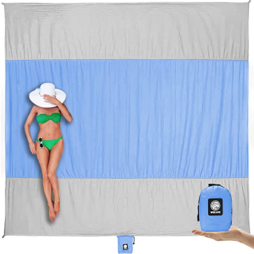 WEKAPO Beach Blanket Sandproof Waterproof, Extra Large Beach Mat, Oversized & Compact Sand Free, Quick Drying Beach Essentials for Vacation, Cruise, Picnic & Camping with Stakes - color: Periwinkle Blue, size: 9x7 FT (1～5 person)