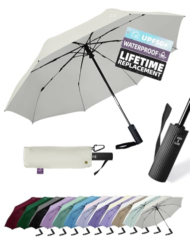 Windproof Travel Umbrella for Rain - 43" Compact Folding Umbrella, Reinforced Strong Frame, Lightweight Portable Parasol with UPF 100+ UV Sun Protection, Cruise Ship Essentials - color: 1-Beige