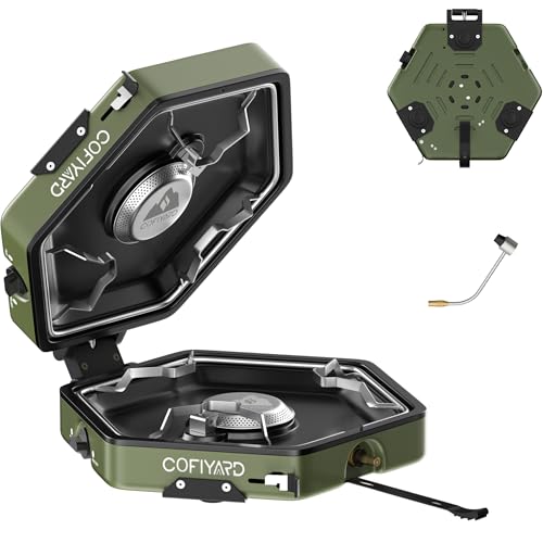Cofiyard Propane 2-Burner Camping Stove with Carrying Bag and Gas Stove Pressure Regulator, Camping Essentials Folding Camp Stove with Flick-Style Ignition for Backpacking, Outdoor Cooking, Tailgating - color: Green